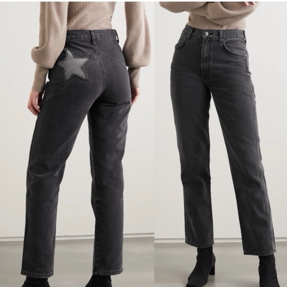 Reformation Black Straight-Leg High-Rise Jeans with Star Patch
